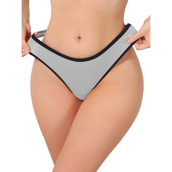 INSPIRE CHIC Women's Low Waisted Ribbed Thongs Softan Breathable Contrast Color Trim Underwear Panties Small Light Gray