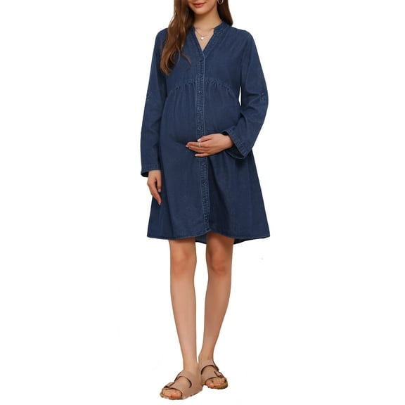INSPIRE CHIC Women's Maternity Denim Dress Long Sleeves Cotton Button Down Fall Shirt Dresses L Deep Blue
