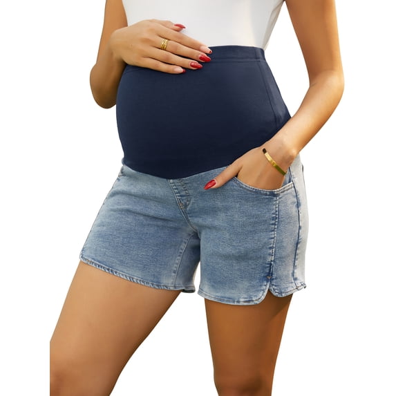 INSPIRE CHIC Women's Maternity Denim Over Belly Adjustable High Waist Summer Casual with Pockets Jeans Pregnancy Shorts M Blue