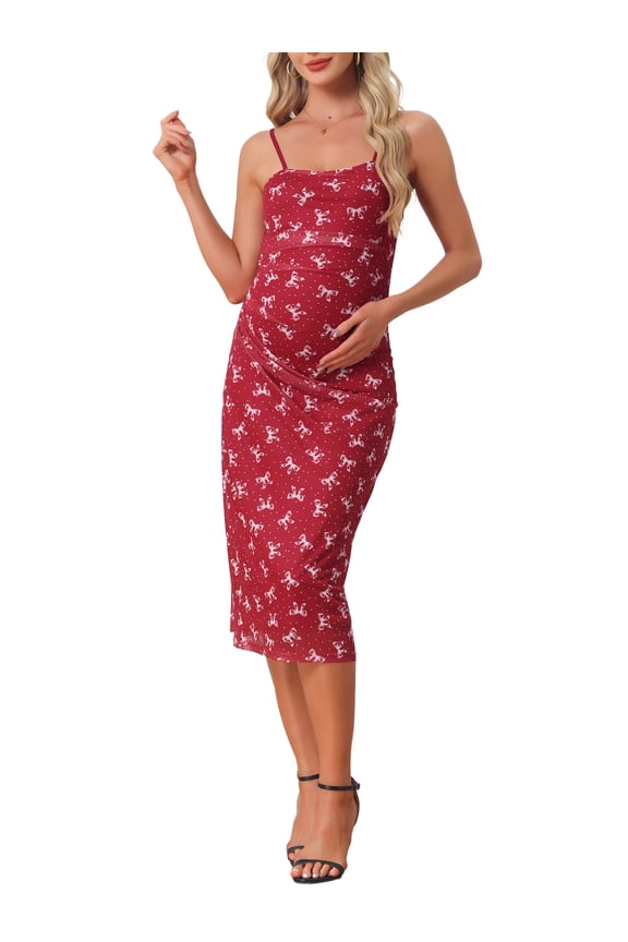 Women's Maternity Dress Mesh Ruched Side Spaghetti Strap Bodycon Pregnancy Dresses for Wedding Guest Red M
