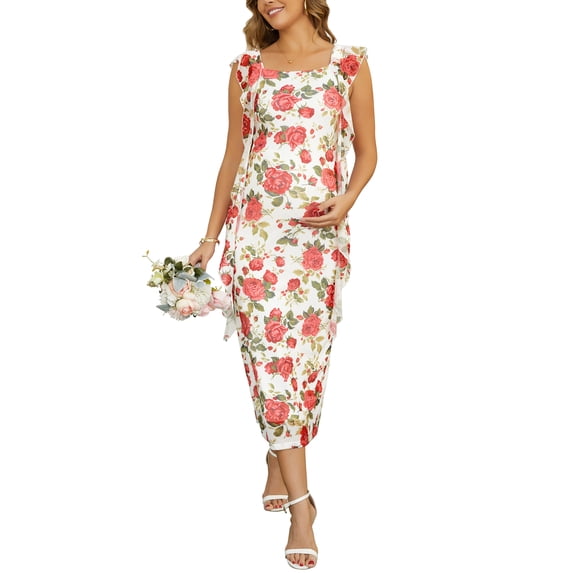 INSPIRE CHIC Women's Maternity Dress Mesh Wedding Guest Sleeveless Ruffle Cocktail Party Maxi Photoshoot Bodycon Dresses XL White Rose