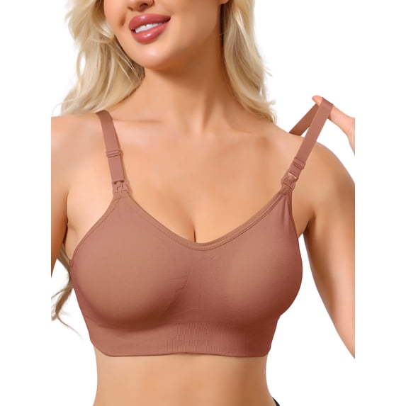 INSPIRE CHIC Women's Maternity Full Coverage Adjustable Buckled Straps Postpartum Nursing Bra V-Neck Wireless Bralettes M Brown