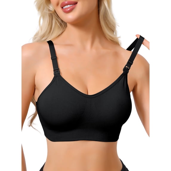 INSPIRE CHIC Women's Maternity Full Coverage Adjustable Buckled Straps Postpartum Nursing Bra V-Neck Wireless Bralettes S Black