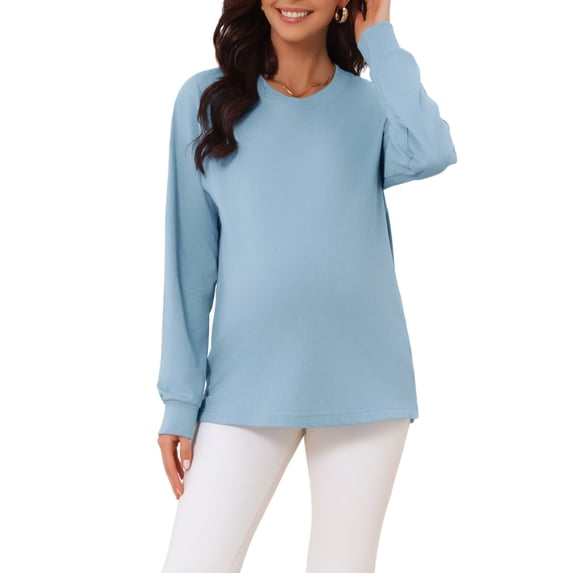 INSPIRE CHIC Women's Maternity Shirts Long Sleeve Crew Neck Rib Cuffs Loose Fit Comfy Cotton Pregnancy Top Workout Tee Casual Blouses L Haze Blue