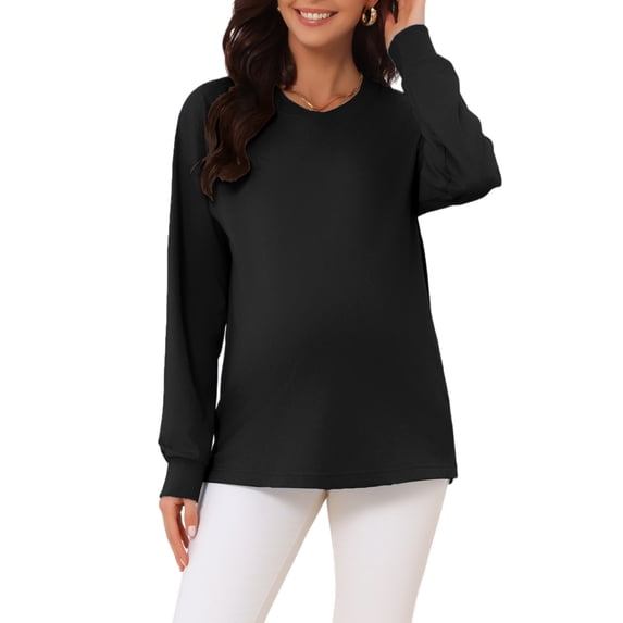 INSPIRE CHIC Women's Maternity Shirts Long Sleeve Crew Neck Rib Cuffs Loose Fit Comfy Cotton Pregnancy Top Workout Tee Casual Blouses S Black