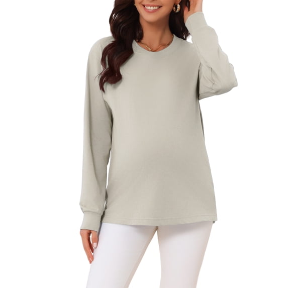 INSPIRE CHIC Women's Maternity Shirts Long Sleeve Crew Neck Rib Cuffs Loose Fit Comfy Cotton Pregnancy Top Workout Tee Casual Blouses S Seagull Gray