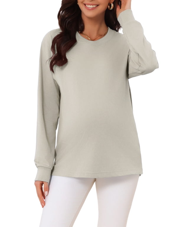 Women's Maternity Shirts Long Sleeve Crew Neck Rib Cuffs Loose Fit Comfy Cotton Pregnancy Top Workout Tee Casual Blouses XL Seagull Gray