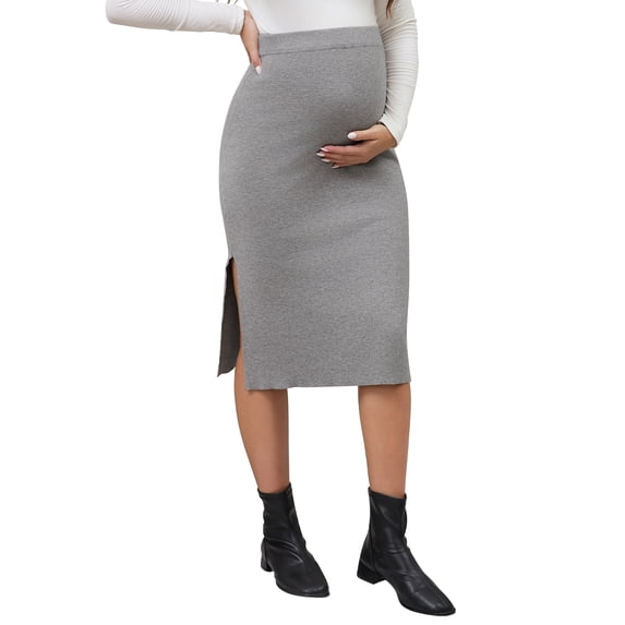 INSPIRE CHIC Women's Maternity Winter Warm High Waist Casual Side Split Stretchy Elastic Bodycon Sweater Midi Skirt Black Large