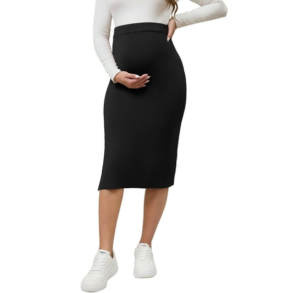 INSPIRE CHIC Women's Maternity Winter Warm High Waist Casual Side Split Stretchy Elastic Bodycon Sweater Midi Skirt Black Medium
