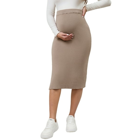 INSPIRE CHIC Women's Maternity Winter Warm High Waist Casual Side Split Stretchy Elastic Bodycon Sweater Midi Skirt Grey Small