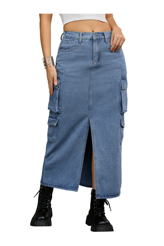 Women's Maxi Denim Front Split Button Front Elastic Waist Streetwear Flap Pockets Cargo Jean Skirts L Gray Blue