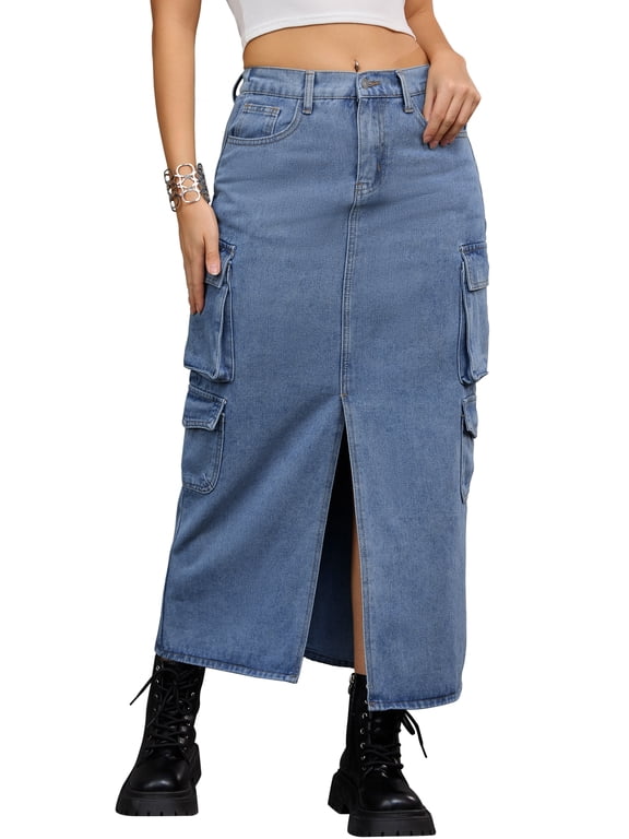 Women's Maxi Denim Front Split Button Front Elastic Waist Streetwear Flap Pockets Cargo Jean Skirts L Gray Blue