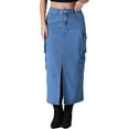 thumbnail image 1 of INSPIRE CHIC Women's Maxi Denim Front Split Button Front Elastic Waist Streetwear Flap Pockets Cargo Jean Skirts M Blue, 1 of 6
