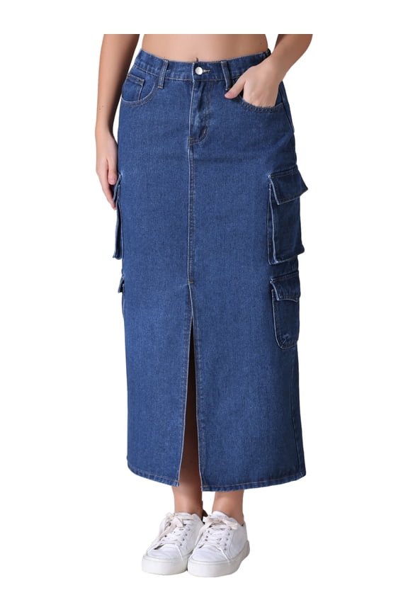 Women's Maxi Denim Front Split Button Front Elastic Waist Streetwear Flap Pockets Cargo Jean Skirts XL Dark Blue