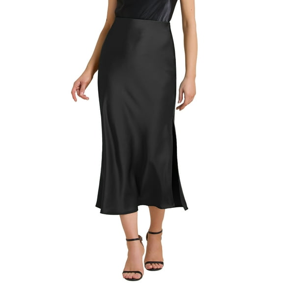 INSPIRE CHIC Women's Maxi Satin Skirts Elastic High Waist Side Slit Elegant Party Wedding Flowy Long Skirt L Black