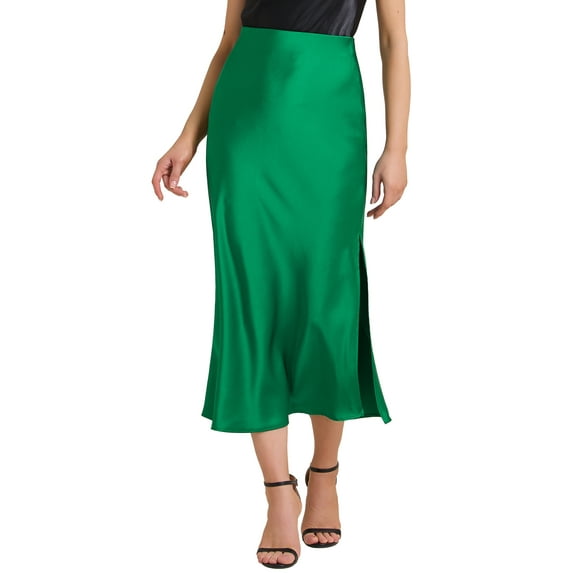 INSPIRE CHIC Women's Maxi Satin Skirts Elastic High Waist Side Slit Elegant Party Wedding Flowy Long Skirt L Green