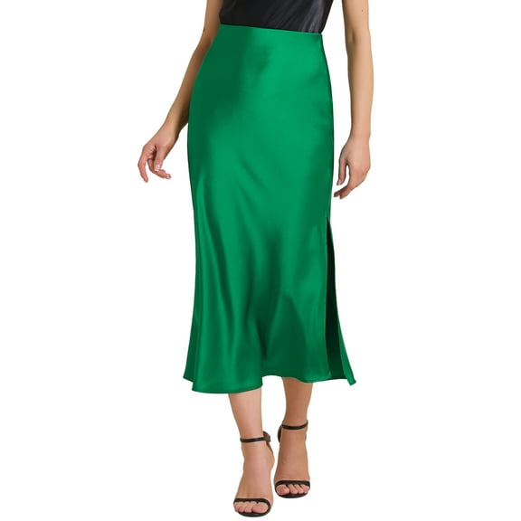 INSPIRE CHIC Women's Maxi Satin Skirts Elastic High Waist Side Slit Elegant Party Wedding Flowy Long Skirt M Green