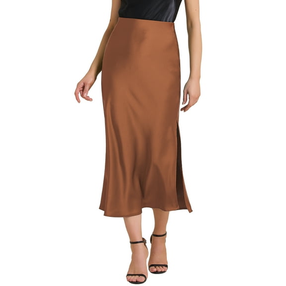 INSPIRE CHIC Women's Maxi Satin Skirts Elastic High Waist Side Slit Elegant Party Wedding Flowy Long Skirt S Brown