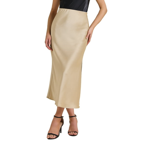 INSPIRE CHIC Women's Maxi Satin Skirts Elastic High Waist Side Slit Elegant Party Wedding Flowy Long Skirt S Champagne