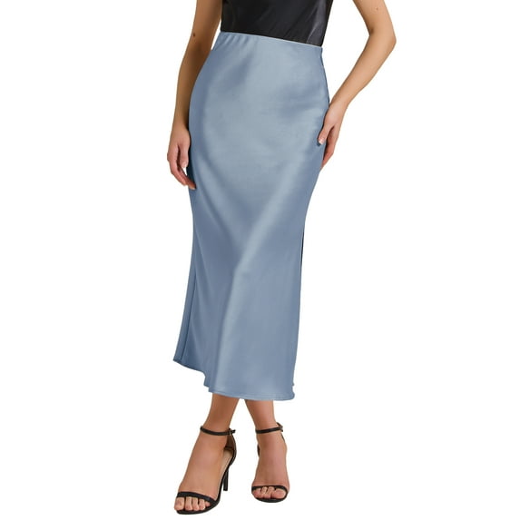 INSPIRE CHIC Women's Maxi Satin Skirts Elastic High Waist Side Slit Elegant Party Wedding Flowy Long Skirt XL Blue Grey