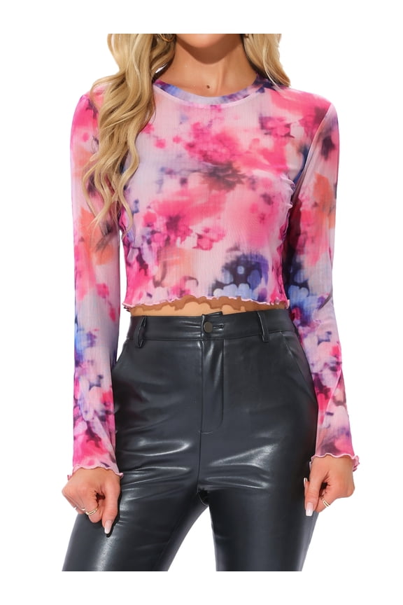 Women's Mesh Crop Top Crew Neck Long Sleeve Tie Dye See Through Shirt Sheer Fashion Blouse Top XS Multicolor Purple