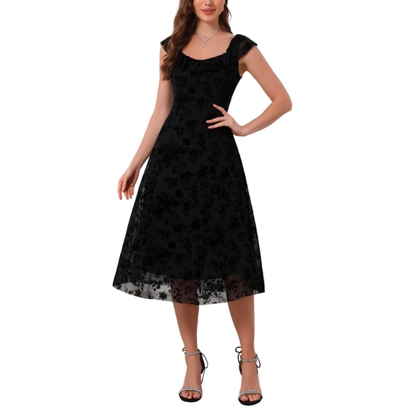 INSPIRE CHIC Women's Mesh Dresses Gothic Vintage Sweetheart Neck Sleeveless Ruffles Floral Jacquard A-Line Dress S Black