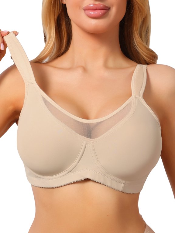 Women's Mesh Full Coverage Underwire Bra Plus Size Push Up Lift Anti-Sag Wide Strap Minimizer F 36 Beige