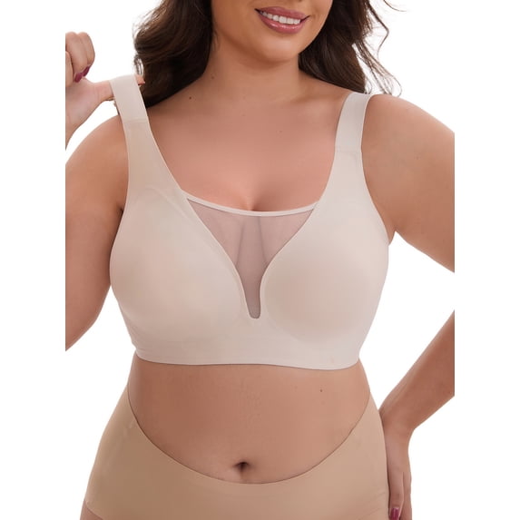 INSPIRE CHIC Women's Mesh Plunge Wirefree Full Coverage Bras Wide Straps Seamless Lightweight Soft Breathable Bra S Beige