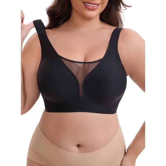 INSPIRE CHIC Women's Mesh Plunge Wirefree Full Coverage Bras Wide Straps Seamless Lightweight Soft Breathable Bra S Black