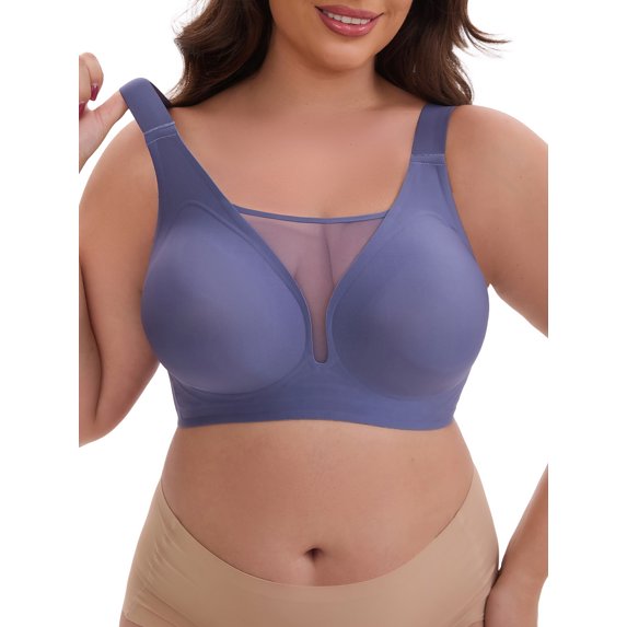 INSPIRE CHIC Women's Mesh Plunge Wirefree Full Coverage Bras Wide Straps Seamless Lightweight Soft Breathable Bra XXL Blue
