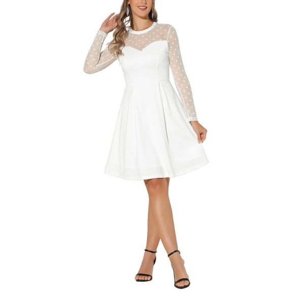 INSPIRE CHIC Women's Mesh See Through Heart Sheer Sleeve Skater Party Dress L White