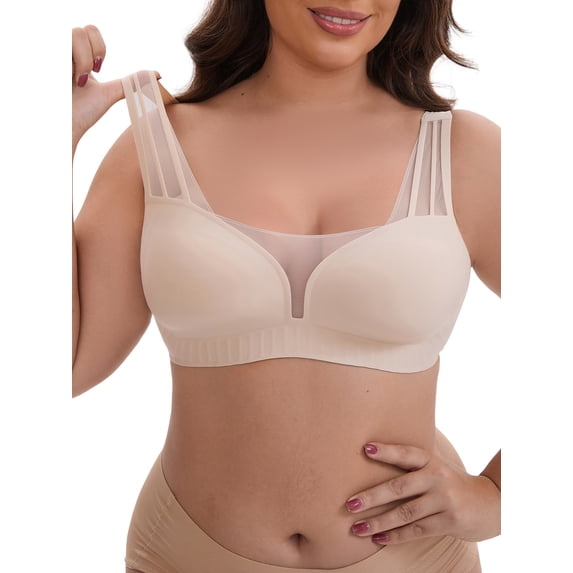 INSPIRE CHIC Women's Mesh Wireless Push Up Minimizers Wide Straps V-Neck Lightweight Breathable Seamless Soft Bras M Beige