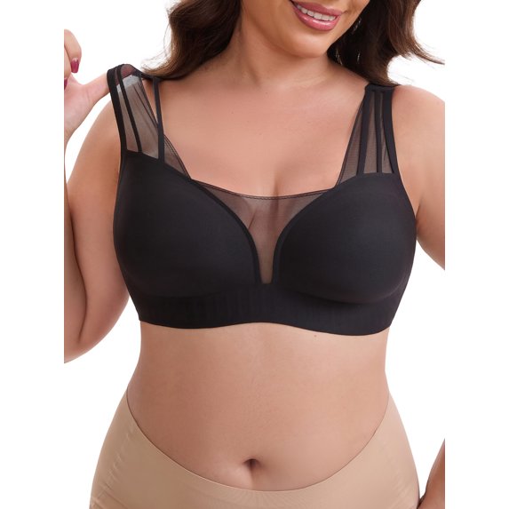 INSPIRE CHIC Women's Mesh Wireless Push Up Minimizers Wide Straps V-Neck Lightweight Breathable Seamless Soft Bras M Black