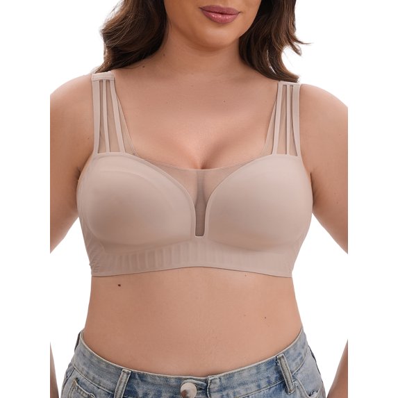INSPIRE CHIC Women's Mesh Wireless Push Up Minimizers Wide Straps V-Neck Lightweight Breathable Seamless Soft Bras M Light Brown