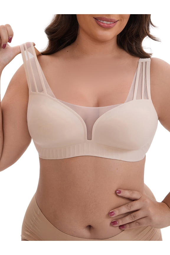Women's Mesh Wireless Push Up Minimizers Wide Straps V-Neck Lightweight Breathable Seamless Soft Bras XXL Beige