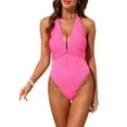 thumbnail image 1 of INSPIRE CHIC Women's Metal Buckle Cut Out Halter Ribbed Monokini Swimsuit, 1 Piece Deep V Push Up Tummy Control Bathing Suit Rose Red Large, 1 of 5