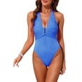 thumbnail image 1 of INSPIRE CHIC Women's Metal Buckle Cut Out Halter Ribbed Monokini Swimsuit, 1 Piece Deep V Push Up Tummy Control Bathing Suit Royal Blue X-Large, 1 of 5
