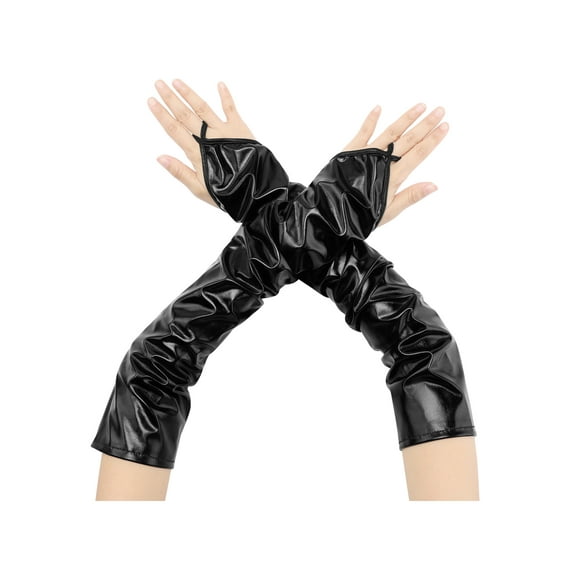 INSPIRE CHIC Women's Metallic Shiny Fingerless Gloves with Finger Loop Arm Warmers for Party Disco One Size Black