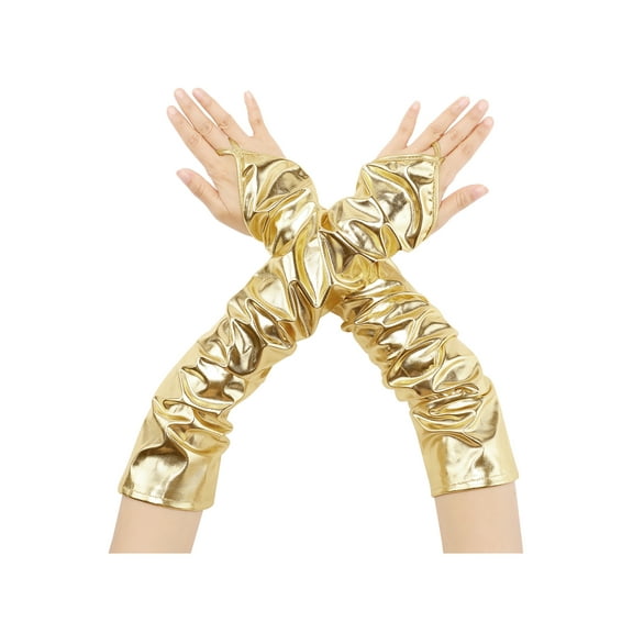 INSPIRE CHIC Women's Metallic Shiny Fingerless Gloves with Finger Loop Arm Warmers for Party Disco One Size Gold