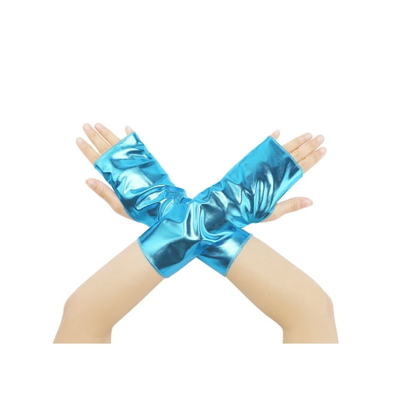 INSPIRE CHIC Women's Metallic Shiny Fingerless Short Gloves Shimmer Arm Warmers for Halloween Cosplay 1 Pair Cyan Blue One Size