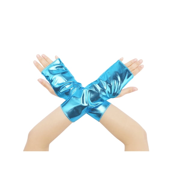 INSPIRE CHIC Women's Metallic Shiny Fingerless Short Gloves Shimmer Arm Warmers for Halloween Cosplay 1 Pair Cyan Blue One Size