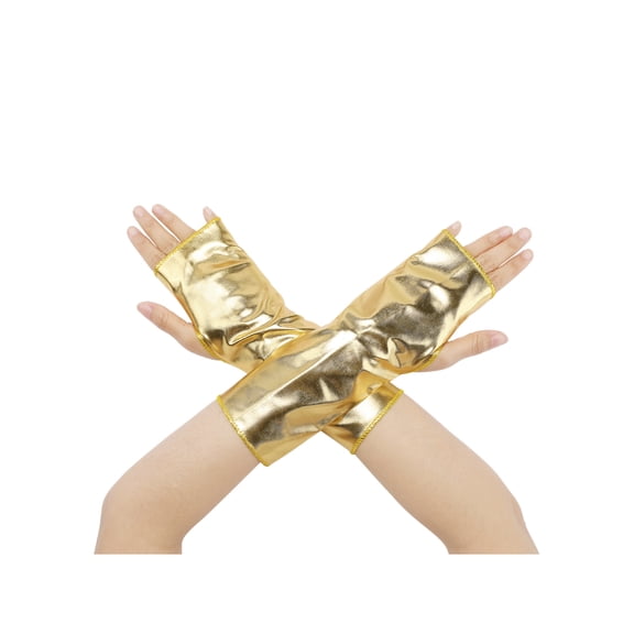 INSPIRE CHIC Women's Metallic Shiny Fingerless Short Gloves Shimmer Arm Warmers for Halloween Cosplay 1 Pair Gold One Size