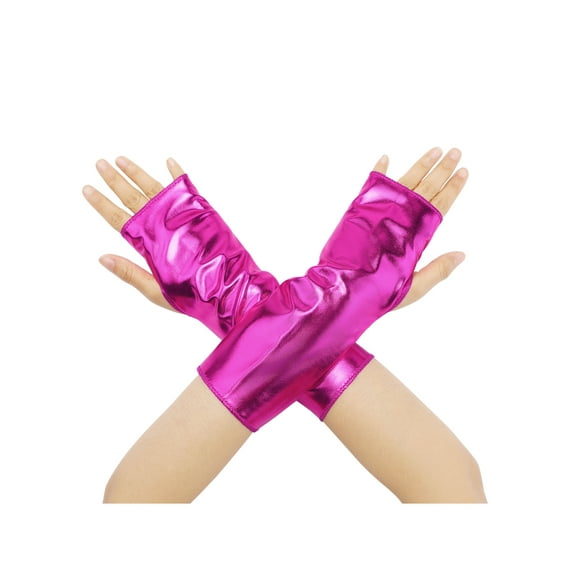 INSPIRE CHIC Women's Metallic Shiny Fingerless Short Gloves Shimmer Arm Warmers for Halloween Cosplay 1 Pair Hot Pink One Size