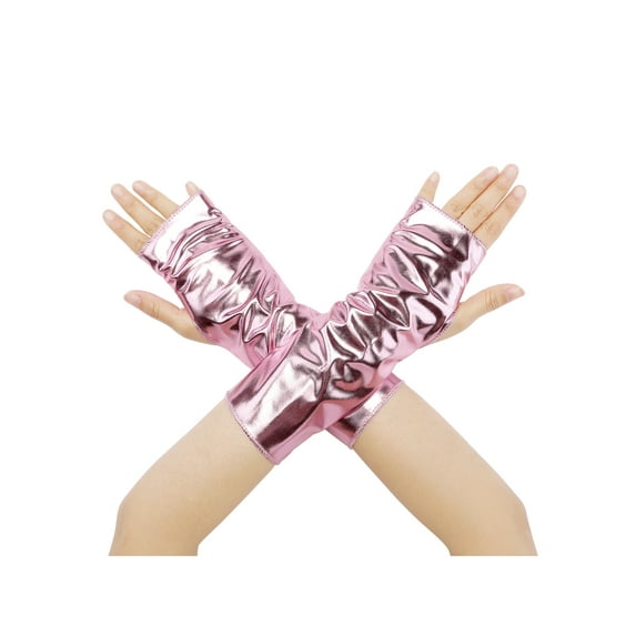 INSPIRE CHIC Women's Metallic Shiny Fingerless Short Gloves Shimmer Arm Warmers for Halloween Cosplay 1 Pair Pink One Size