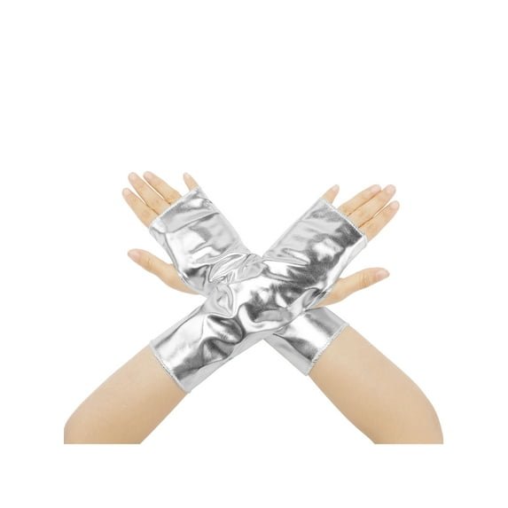 INSPIRE CHIC Women's Metallic Shiny Fingerless Short Gloves Shimmer Arm Warmers for Halloween Cosplay 1 Pair Silver One Size