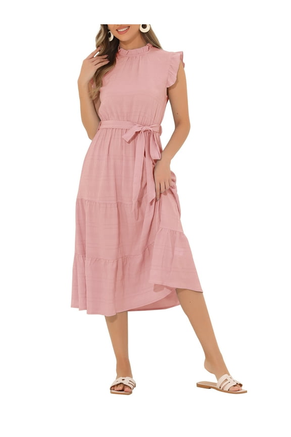 Women's Midi Dresses Mock Neck Ruffled Cap Sleeve Dresses L Pink