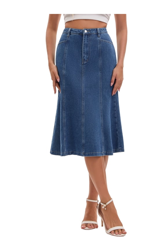 Women's Denim Midi Skirt Back to School High Waist Fishtail Hem Flared Jean Skirt Blue XL