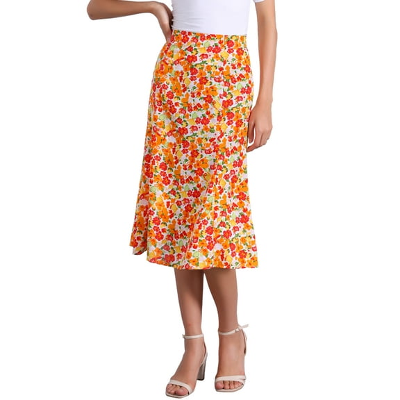 INSPIRE CHIC Women's Midi Skirts Peasant Elastic Waist A-Line Ditsy Floral Skirts L Orange Green