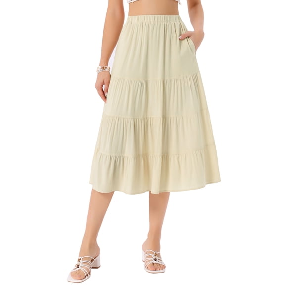 INSPIRE CHIC Women's Midi Skirts Solid Elastic Waist Flare A-Line Tiered Skirt with Pockets M Apricot