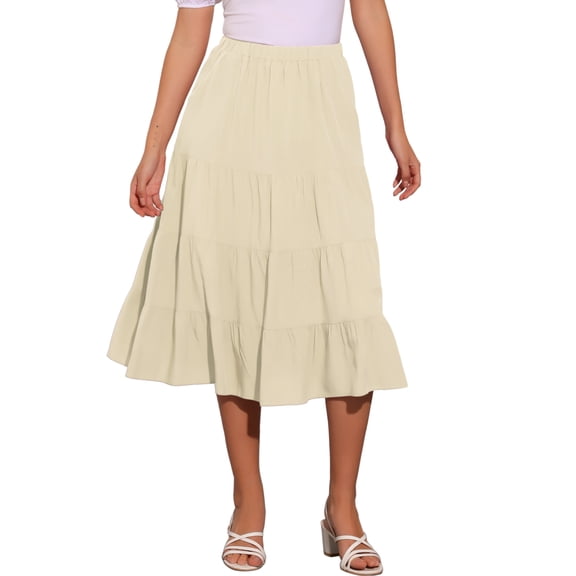 INSPIRE CHIC Women's Midi Skirts Solid Elastic Waist Flare A-Line Tiered Skirt with Pockets M Apricot
